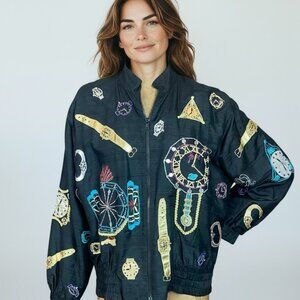 VTG CACHE Silk Bomber Jacket Novelty-Print Watches S Black 336G